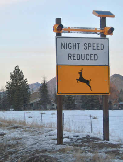 Caution signs for deer on the highways in Idaho.